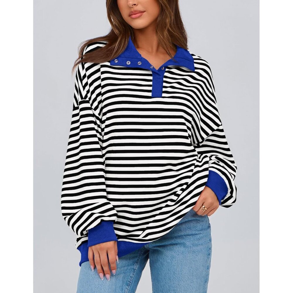 Women's Striped Cotton Oversized Sweatshirt Spring Fall Casual Long Sleeve - Picture 6 of 8
